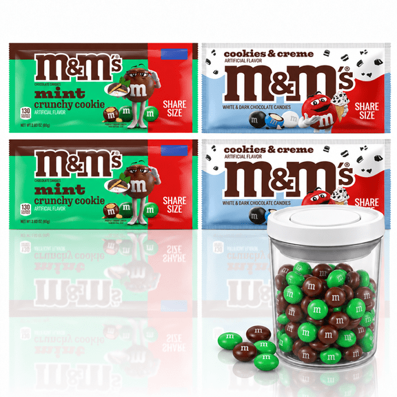 M&M's Milk Chocolate Mint Crunchy Cookie Candy, Sharing Size (4) Bags, 2.83 oz Bag plus Canister