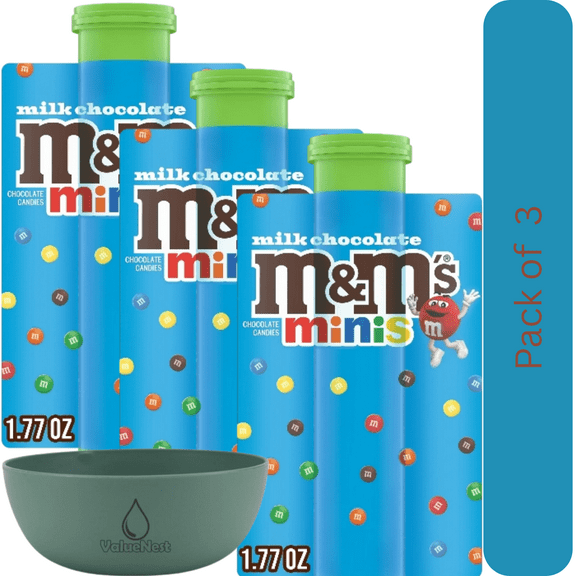 M&M's Minis Milk Chocolate Candy - 1.77 oz Mega Tube 3 Packs with Bowl by Value Nest