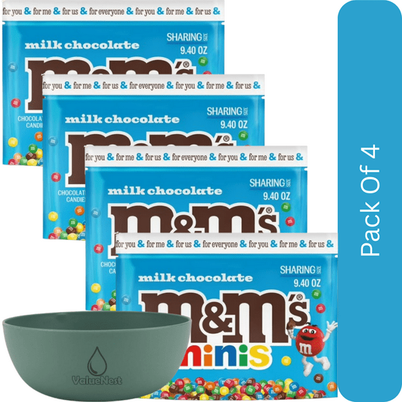M&M's Minis Milk Chocolate Summer Candy, Sharing Size - 9.4 oz Resealable Bag-4pk, With Olive Green Bowl By ValueNest