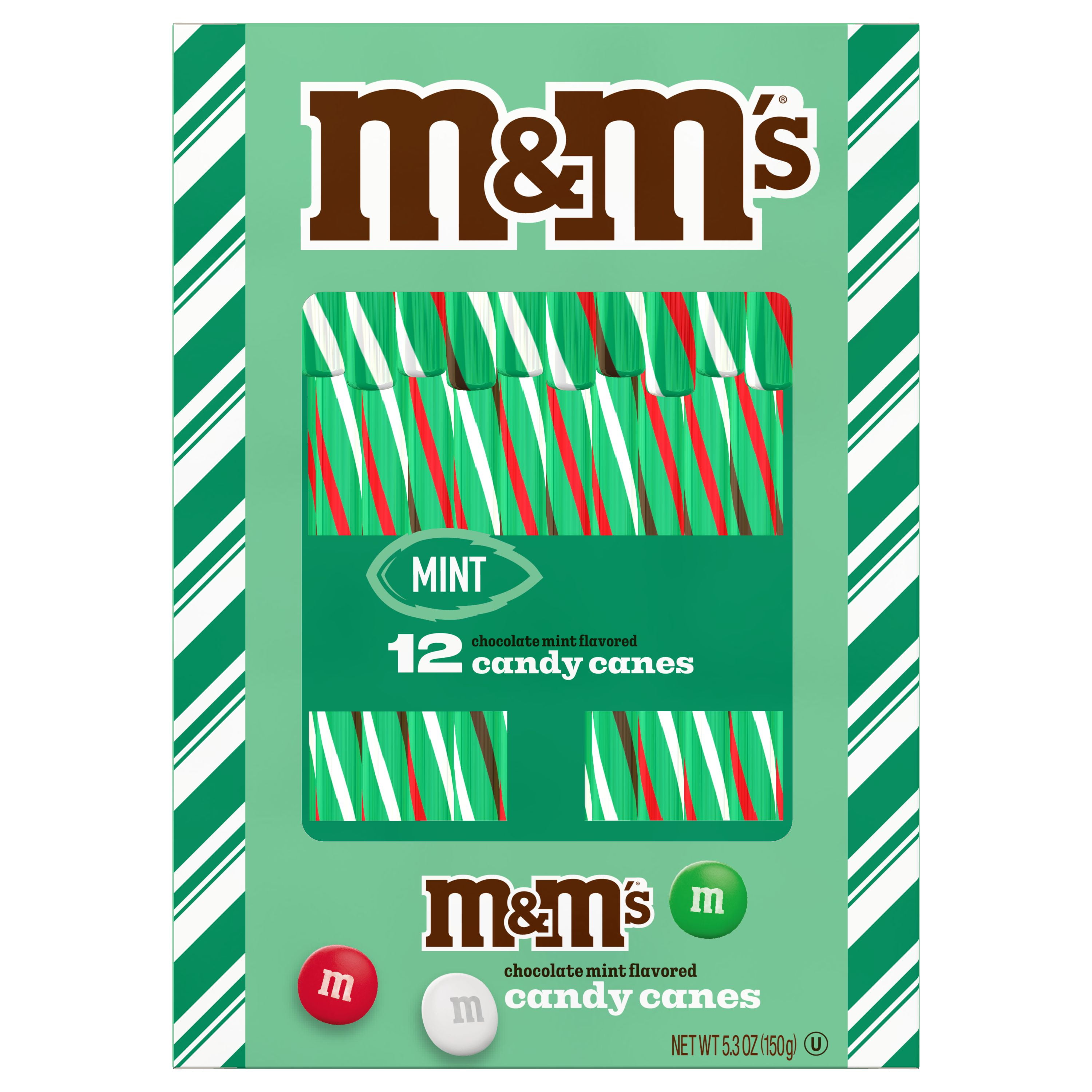 M&M's Mint Chocolate Candy Canes 12ct Box, Hard Christmas Candy, Gluten