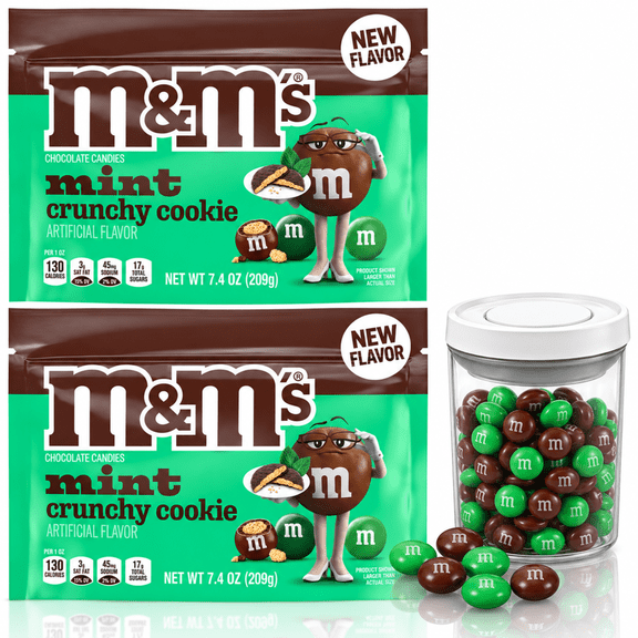 M&M's Mint Crunchy Cookie Candy, Sharing Size (2) Bags, 7.4 oz Bag plus Canister