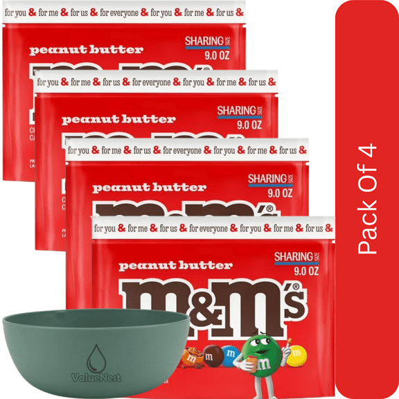 M&M's Peanut Butter Milk Chocolate Candy, Sharing Size - 9 oz Bag-4pk, With Olive Green Bowl By ValueNest