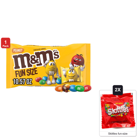 M&M's Peanut Chocolate Candy, Fun Size Candy Bags, 10.53 oz Chocolate, with 2 Skittles Fun Size