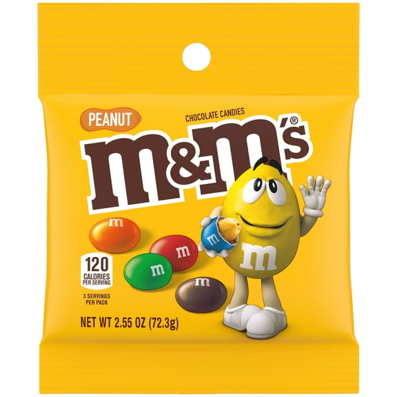 M&M's Peanut Milk Chocolate Candy, 2.55 oz, Shelf Stable, Plastic Bag