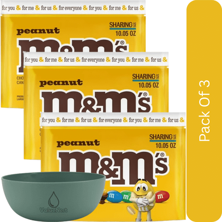 M&M's Peanut Milk Chocolate Candy Sharing Size - 10.05 oz Bag-3pk, With Olive Green Bowl By ValueNest