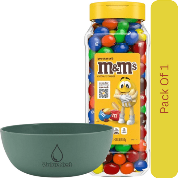 M&Ms Peanut Milk Chocolate Resealable Bulk Candy Jar 23 oz with Olive Green Bowl by ValueNest