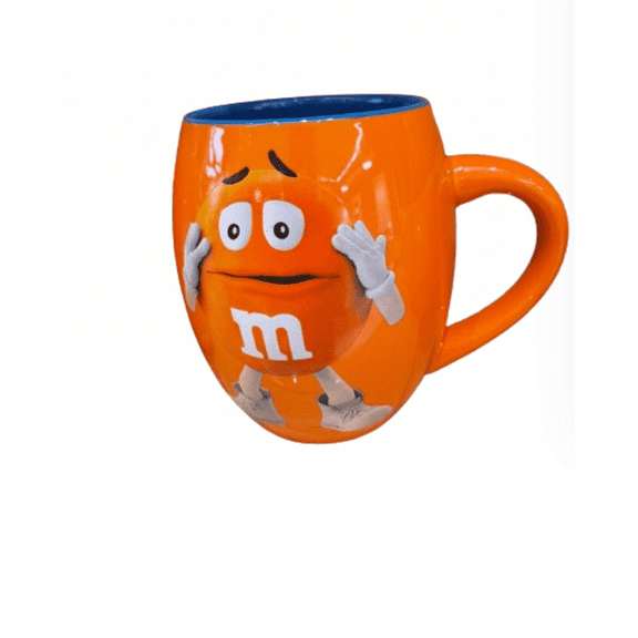 M&M's World Orange Character with Blue Color Inside Barrel Coffee Mug New