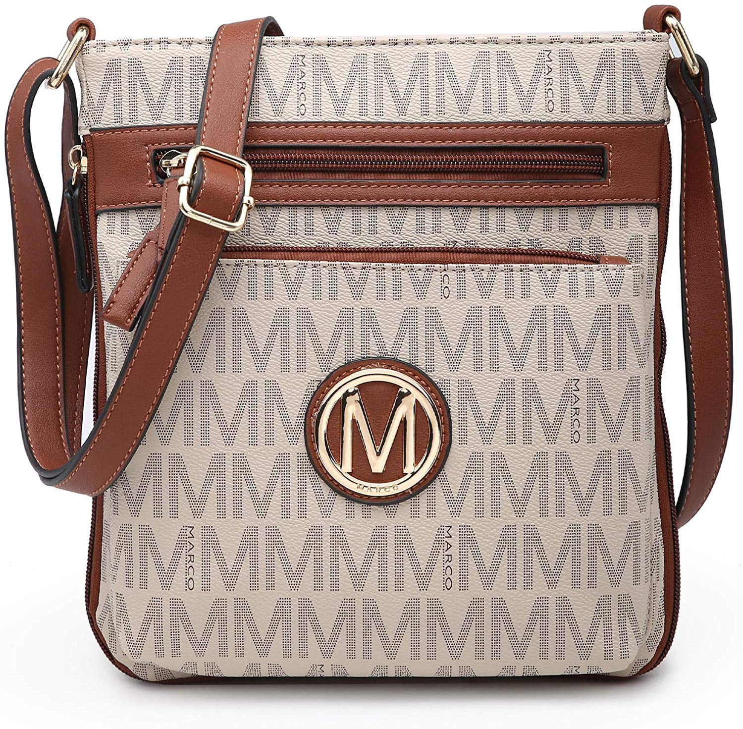 Marco M Kelly Women Crossbody Purses Multi Pockets Large Signature Monogram Zip Shoulder Bags Ladies PU Leather Handbag