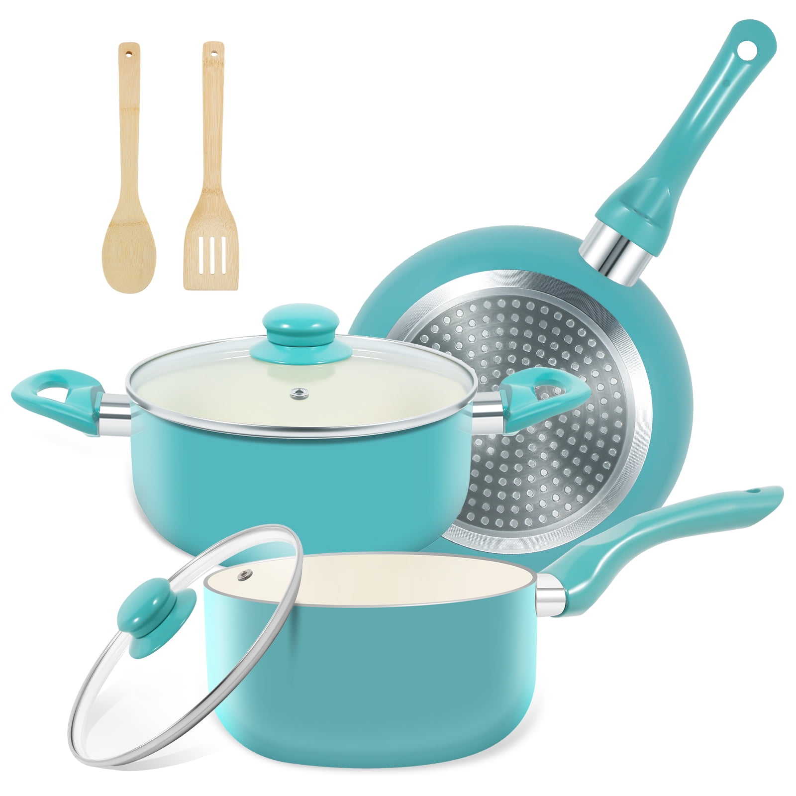 M MELENTA Pots and Pans Set Non Stick, 7 Piece Induction Cookware Set, Pots and Pans with Stay Cool Handle,  Turquoise