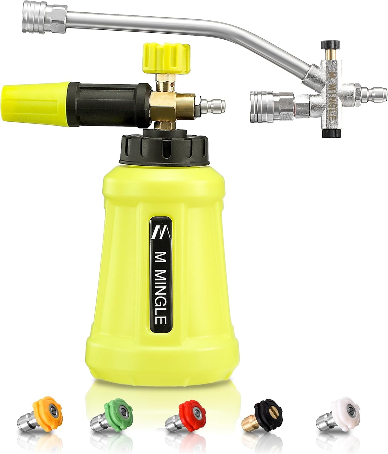 M MINGLE Foam Cannon for Pressure Washer with Dual Connector Accessory, Power Washer Soap Cannon with Double Tip Attachment, 5 Pressure Washer Sprayer Nozzles, 1/4" Quick Connect