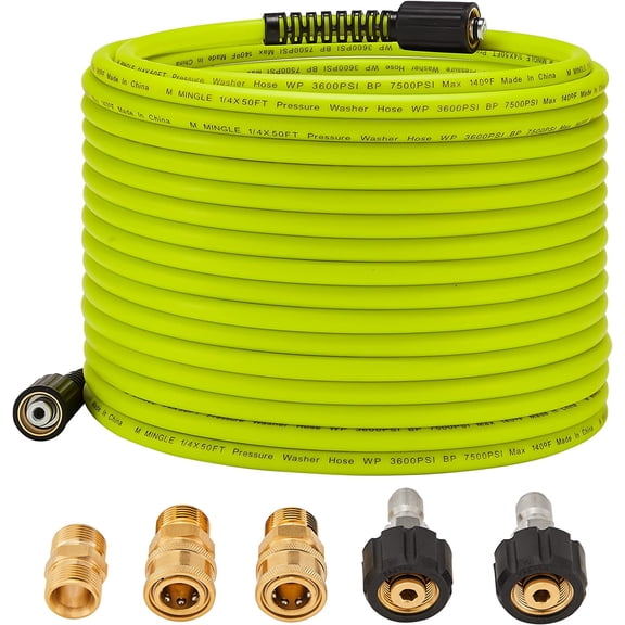 M MINGLE Pressure Washer Hose 50 FT x 1/4" - Replacement Power Wash Hose with Quick Connect Kits - High Pressure Hose with M22 14mm Fittings - 3600PSI