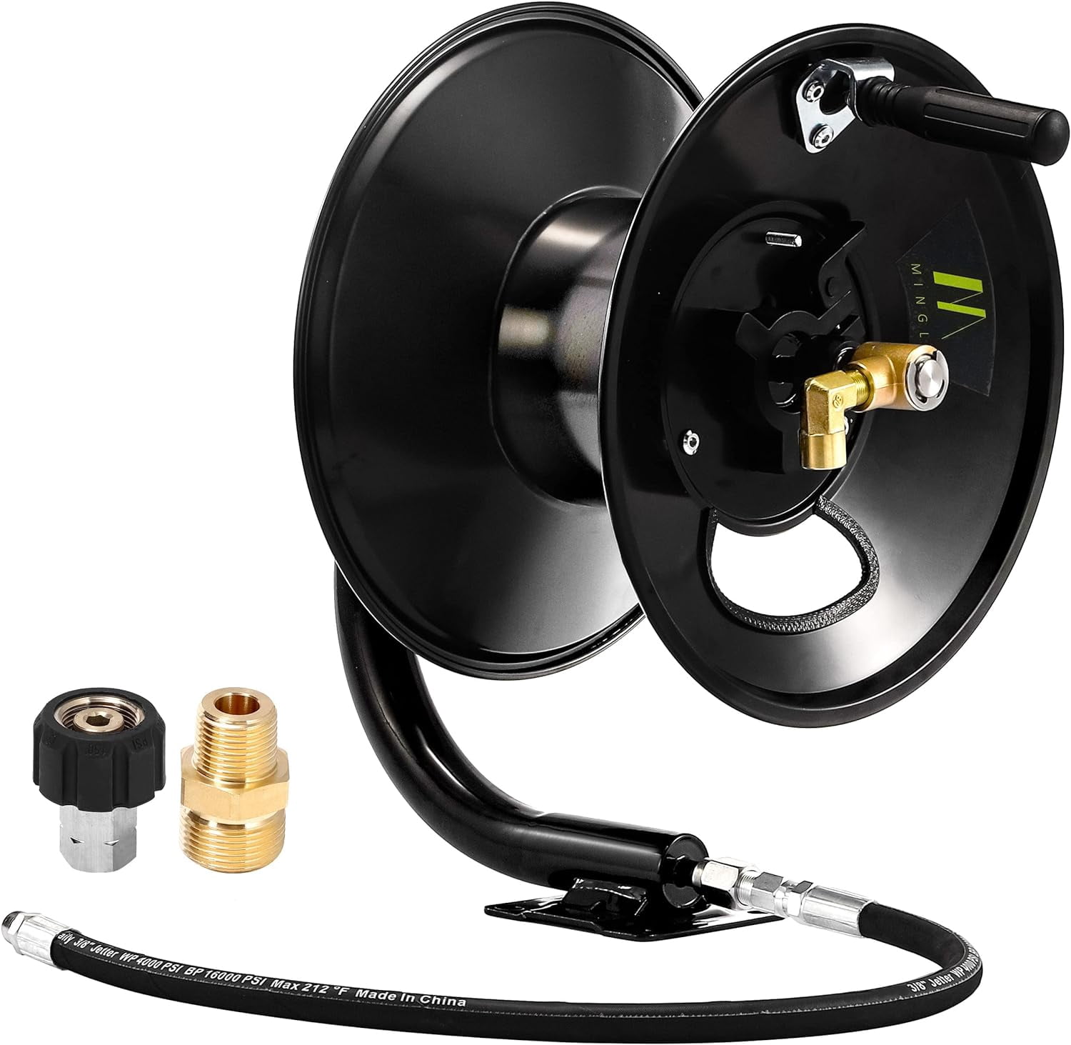 M MINGLE Pressure Washer Hose Reel 100ft, Heavy Duty Steel Hose Reel, Manual Crank Power Washer Hose Reel with Swivel Arm, 3/8" NPT Outlet Pipe, 4000 PSI