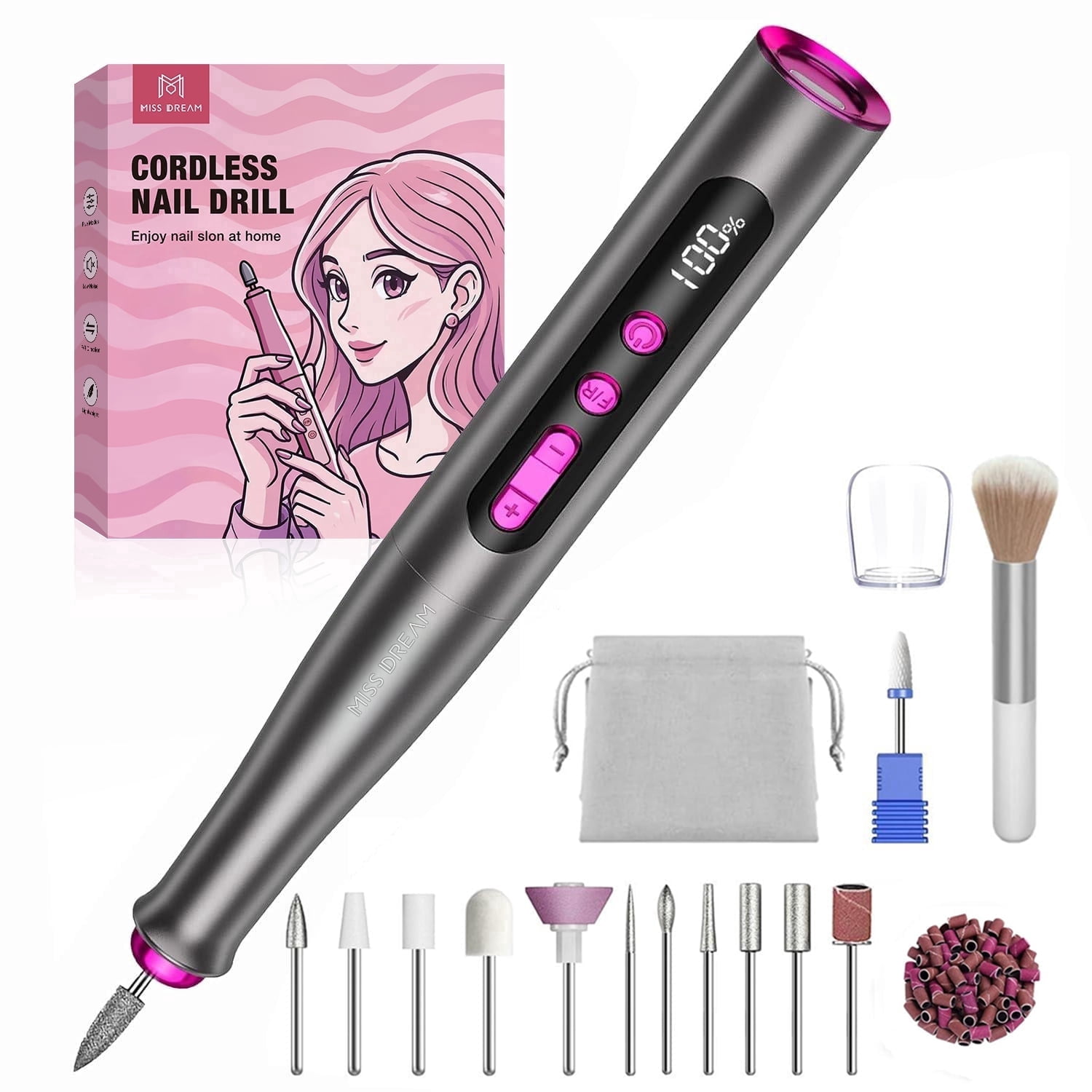 Cordless Electric Nail Drill Machine, 35000RPM Professional Nail File for Acrylic Gel Nails, 13 in 1 Manicure Pedicure Kit with LCD Display, 5 Speeds(Gray)