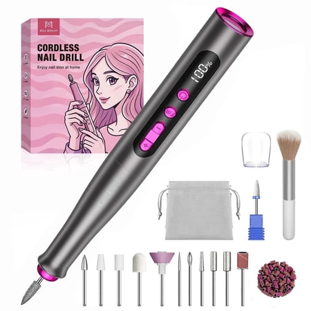 Cordless Electric Nail Drill Machine, 35000RPM Professional Nail File for Acrylic Gel Nails, 13 in 1 Manicure Pedicure Kit with LCD Display, 5 Speeds(Gray)