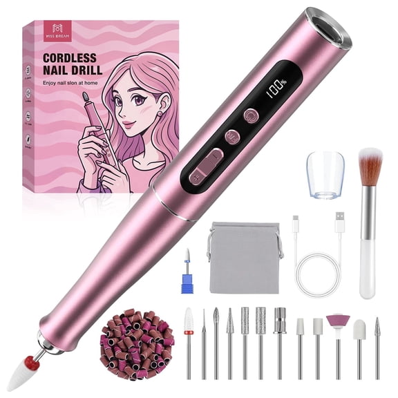 M MISS DREAM Cordless 35000 RPM Electric Nail Drill with 12 Bits & 36 Sanding Bands, Gold