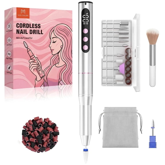 Cordless Electric Nail Drill, 35,000 RPM Rechargeable Nail Drill Machine with 12 Nail Drill Bits, Portable Electric Nail File with LCD Display for Acrylic and Gel Nails, Manicure & Pedicure, Silver
