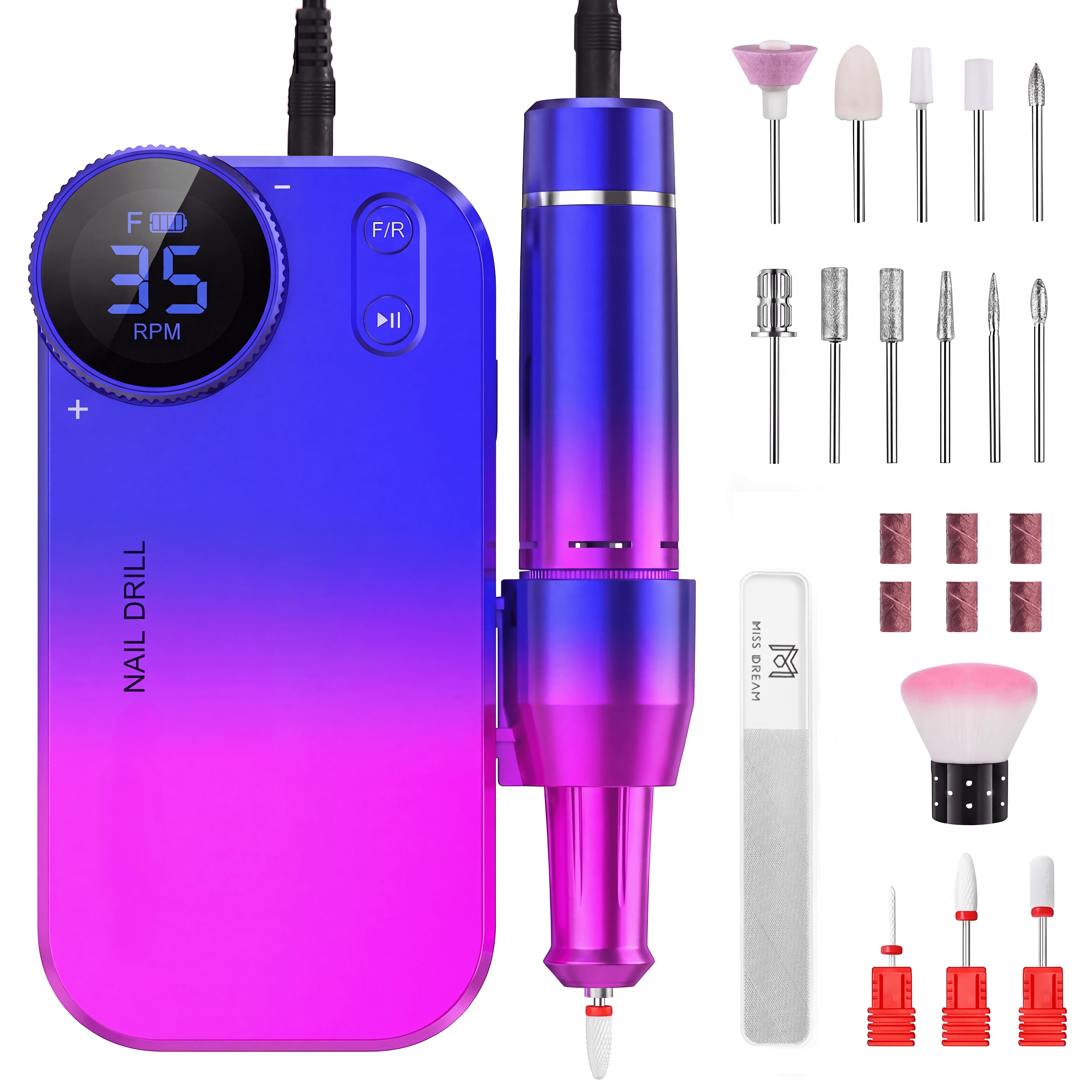 M MISS DREAM Electric Nail Drill Professional, Portable Nail File for Acrylic Gel Nails, Cordless Rechargeable Nail Drill 35000RPM, 16 in 1 kit, Salon-Grade Efile Nail Machine.Colorful