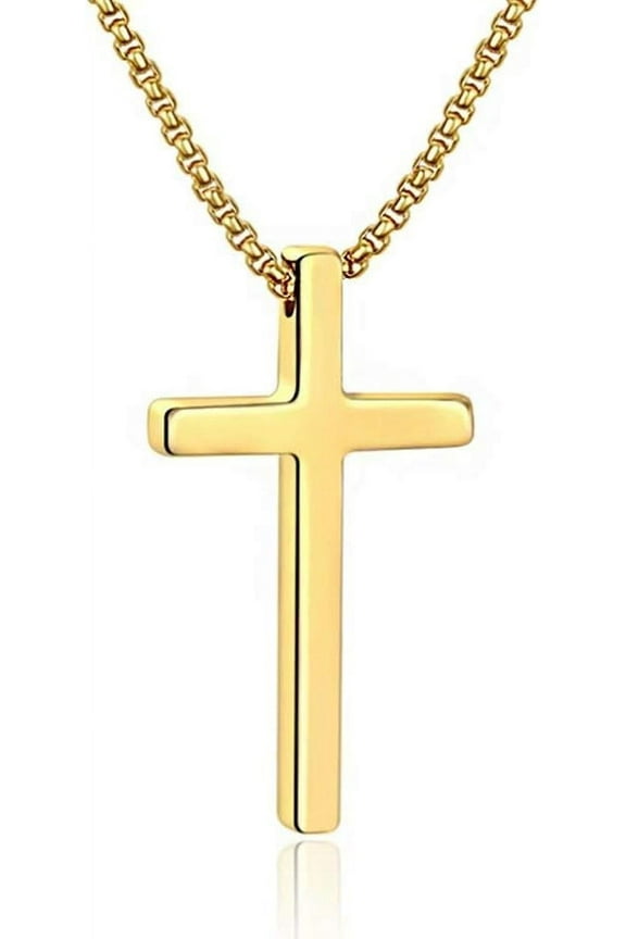 Cross Necklace for Men, Silver Black Gold Stainless Steel Plain Cross Pendant Necklace for Men Box Chain 16-30 Inch