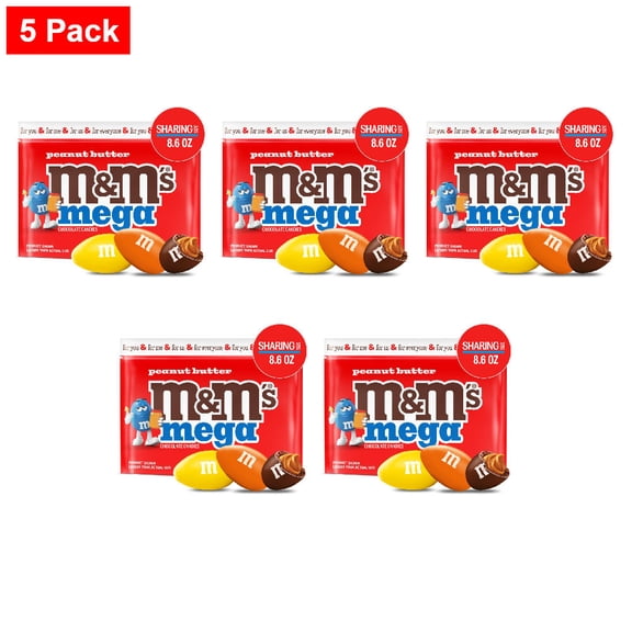 M&MS Mega Peanut Butter Chocolate Candy Sharing Size Bag 8.6 oz - 5 Pack