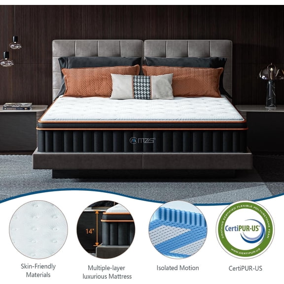 M MZG 14 Inch King Size Extra Plush Hybrid Mattress, Gel-Infused Memory Foam Pillow Top & 3-Zone Pocket Coils, Cooling & Breathable, CertiPUR-US Certified, Fiberglass-Free, Mattress in a Box