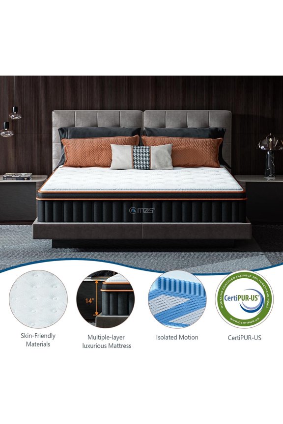 14 Inch King Size Extra Plush Hybrid Mattress, Gel-Infused Memory Foam Pillow Top & 3-Zone Pocket Coils, Cooling & Breathable, CertiPUR-US Certified, Fiberglass-Free, Mattress in a Box
