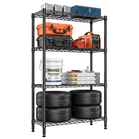 M MZG 4 Tier Black Metal Storage Shelves, Heavy Duty Wire Shelving Rack for Garage, Kitchen, Bathroom, or Laundry Organization, 1000 lbs Capacity, 13.8" D x 35.4" W x 59.5" H