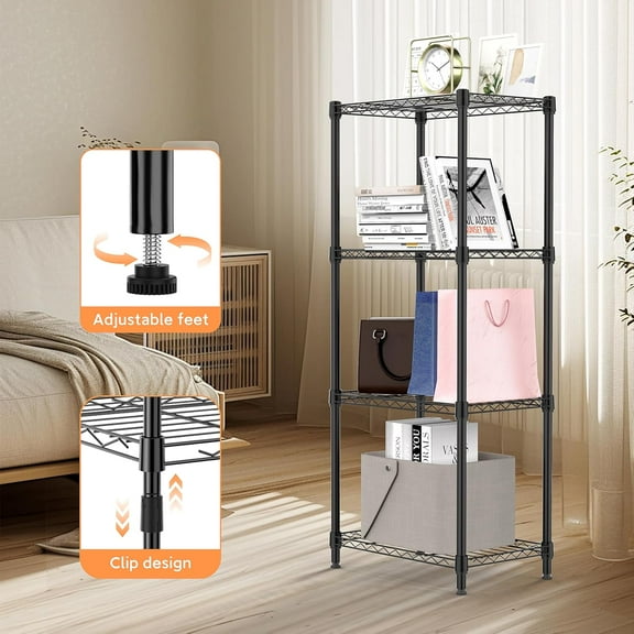 M MZG 4-Tier Metal Storage Rack, Shelving Unit with for Home, Kitchen, Living Room, Bathroom (Black, 4 Tier，11.8" D × 17.7" W× 41.9" H)