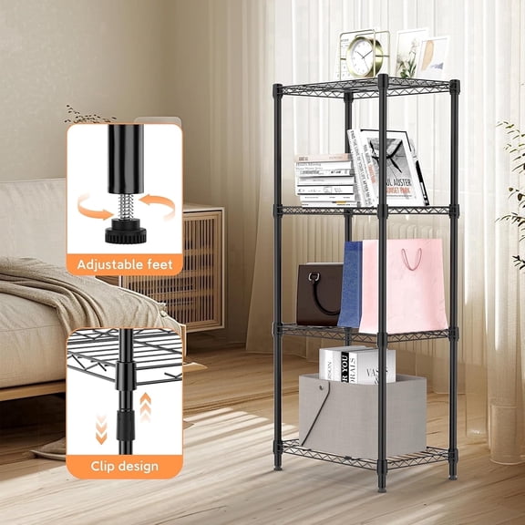 M MZG 4-Tier Metal Storage Rack, Shelving Unit with for Home, Kitchen, Living Room, Bathroom (Black, 4 Tier，11.8" D × 17.7" W× 41.9" H)