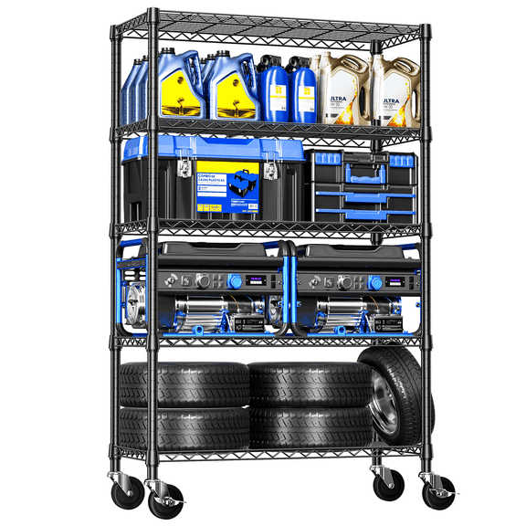 M MZG 5-Tier Adjustable Heavy Duty Steel Wire Shelving Unit with Wheels, Storage Rack Organizer for Garage, Kitchen, Office, Laundry, Basement 1750 lbs Capacity Black 17.7" D x 47.2" W x 76.7" H