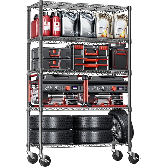 M MZG 5-Tier Adjustable Heavy Duty Steel Wire Shelving Unit with Wheels, Storage Rack Organizer for Garage, Kitchen, Office, Laundry, Basement 1750 lbs Capacity Black 17.7" D x 47.2" W x 76.7" H