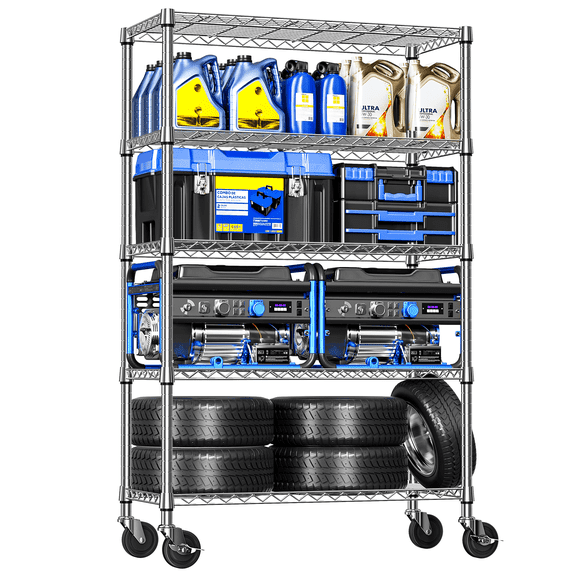 M MZG 5-Tier Storage Shelving Unit with Wheels, Adjustable Heavy Duty Steel Wire Rack Organizer (Chrome, 17.7" D x 47.2" W x 76.7" H, 1750 lbs Capacity) for Garage, Kitchen, Pantry, Laundry, Basement
