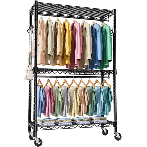 M MZG Heavy-Duty Rolling Clothes Rack, With Double Rods and Side Hooks, Freestanding Wardrobe, Metal Portable Hanger,Capacity 1050LB,17.7” D X 47.2” W X 83.6” H, Black