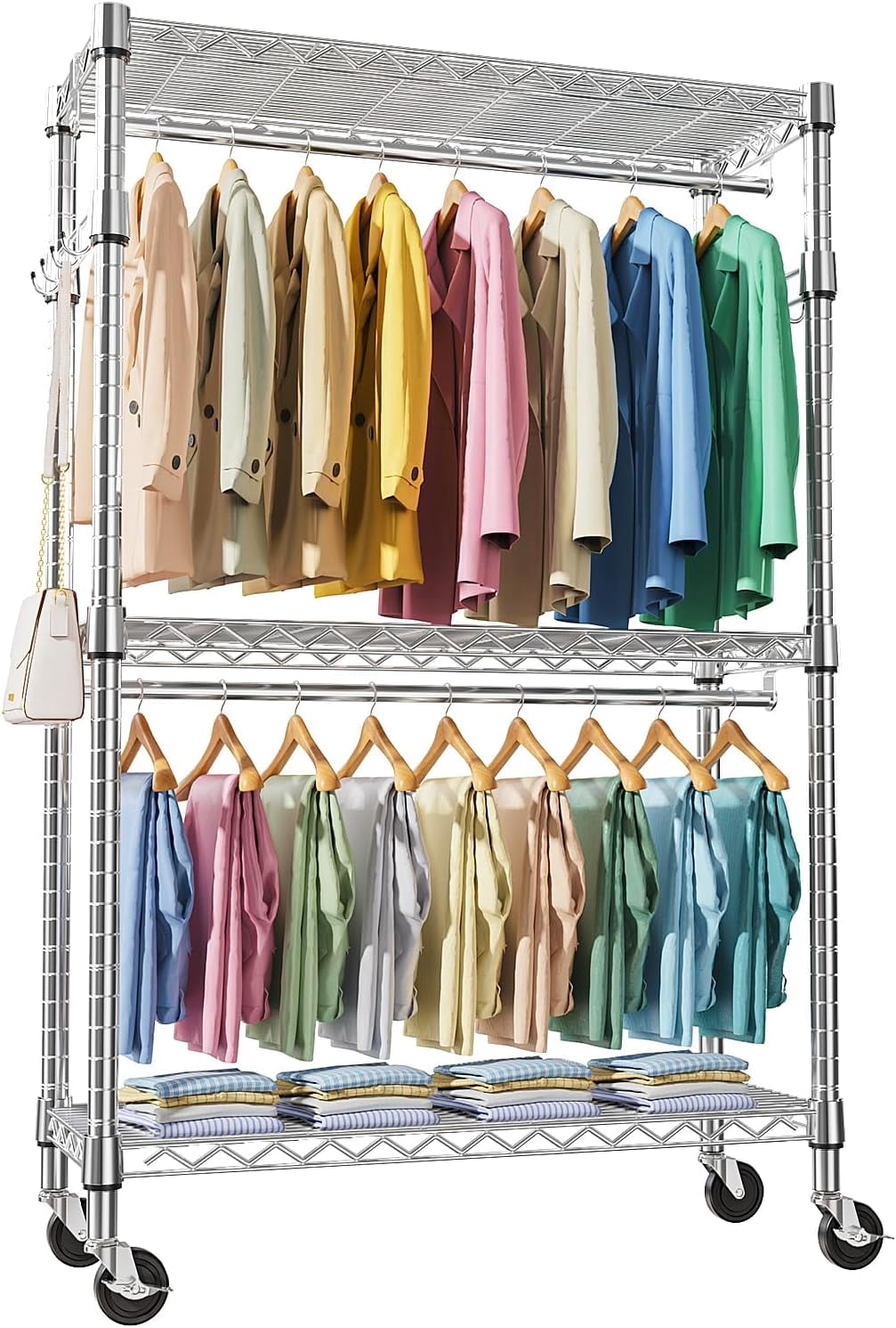 M MZG Heavy Duty Rolling Garment Rack 3 Tiers Adjustable Wire Shelving ...