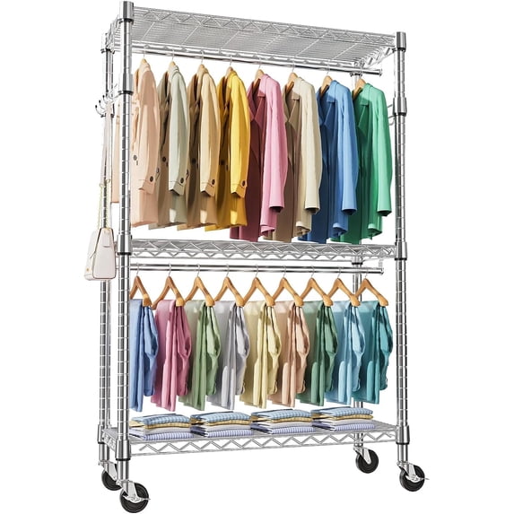 M MZG Rolling Closet, 3 Tiers Adjustable Wire Shelving Clothes Rack with 2 Rods and Side Hooks, Independent Wardrobe Storage Rack, Capacity 1050 ,17.7” D X 47.2” W X 83.6” H, Chrome