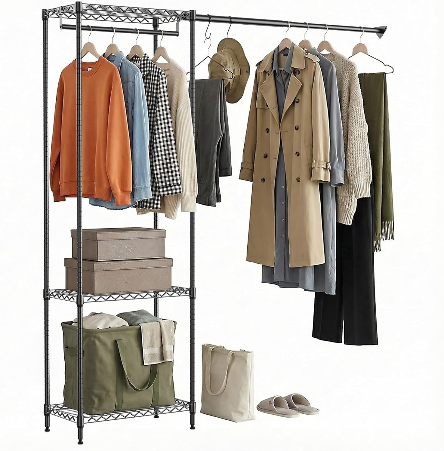 M MZG Heavy Duty Rolling Garment Rack 3 Tiers Adjustable Wire Shelving ...