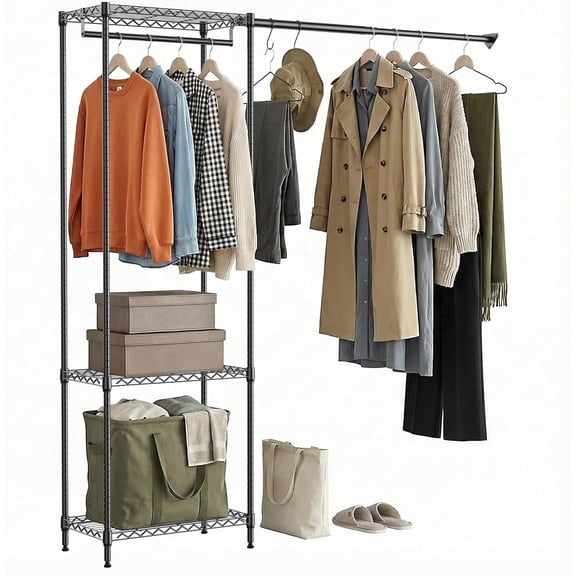 M MZG Heavy Duty Rolling Garment Rack 3 Tiers Adjustable Wire Shelving Clothes Rack with 2 Rods Storage Closet Clothing Rack Black 13.8"D x 63.3"W x 82.4"H