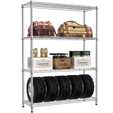 M MZG Garage Shelving Heavy Duty Storage Shelves 4 Tiers Metal Dimensions: 45.8"W x 15.8"D x 59.4"H, Total Capacity 1400 lbs, Chrome