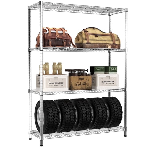 M MZG Garage Shelving Heavy Duty Storage Shelves 4 Tiers Metal Dimensions: 45.8"W x 15.8"D x 59.4"H, Total Capacity 1400 lbs, Chrome
