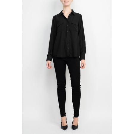 M Magaschoni Collar Neck Long Sleeves Front Button Detail Top-BLACK / M