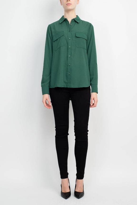 M Magaschoni Collar Neck Long Sleeves Front Button Detail Top-SMOKEY EMERALD GREEN / XL