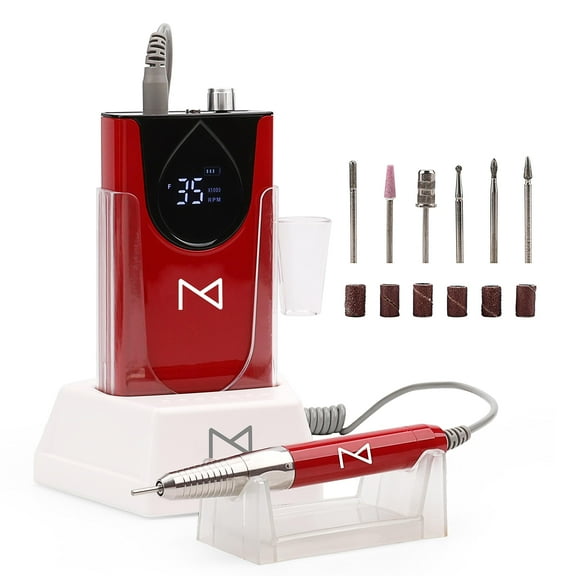 M Max - Professional Nail Drill Machine - 2-in-1 Brushless Motor Nail File - Electric, Cordless, Aluminium Alloy Casing, 35000 RPM, HD Display - Perfect for Salon & Home Use (Red)