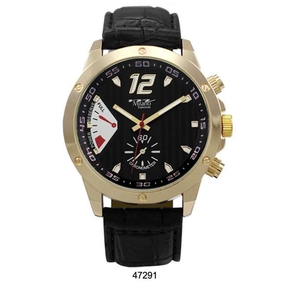 M Milano Expressions 47291 Black Faux Crocodile Band Mens Watch with Gold Case & Black Racing Dial