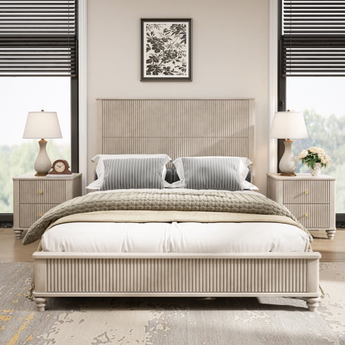 M Mintazer 3-Piece Bedroom Set with Farmhouse Queen Size Platform Bed and 2 Storage Nightstands for Bedroom, Beige