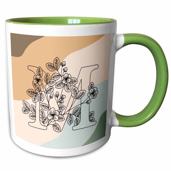 3drose, M Monogram Initial Flowers Outline Boho Patterned Background, 11oz Two-tone Green Mug