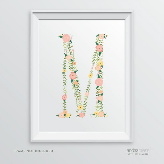 M Monogram Wall Art Letters, Coral Floral Roses