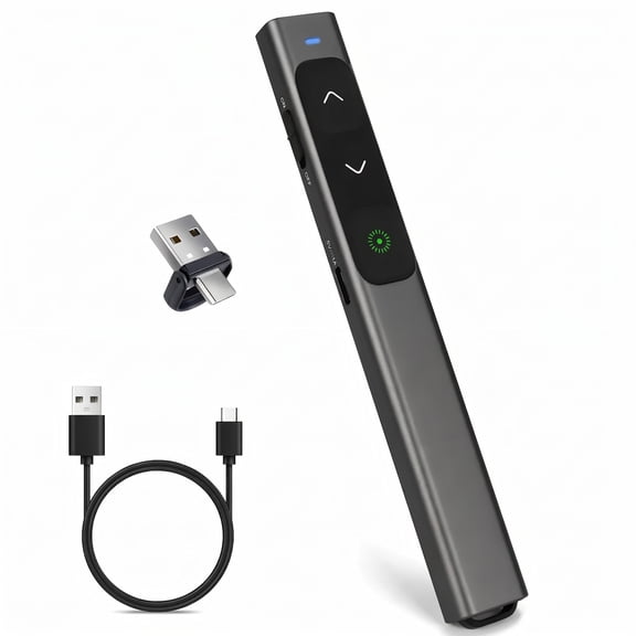 M Monoie Wireless Presenter, equipped with a Class 2 laser (1mW), green laser, suitable for various slide presentations, supports hyperlinks, (2-in-1 USB-A/USB-C wireless receiver) (gray)