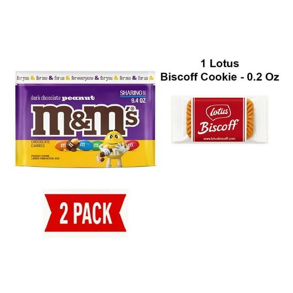 M&Ms Peanut Dark Chocolate Candy, Sharing Size, 9.4 Oz Resealable Bag - Pack Of 2 & Lotus Biscoff Cookie - 0.2 Oz - 1 ct