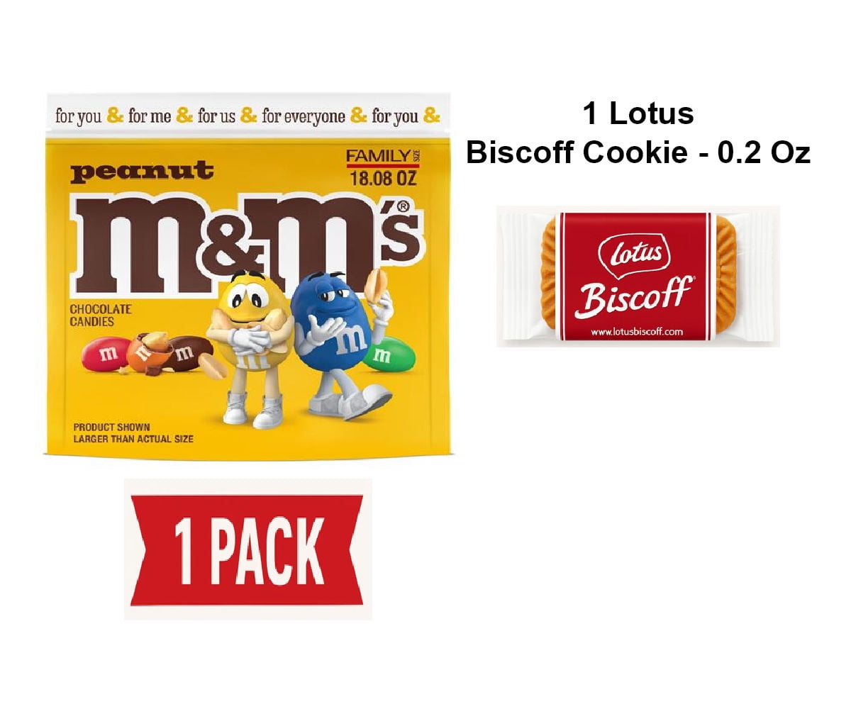 M&Ms Peanut Milk Chocolate Candy, Family Size, 18.08 Oz Resealable Bulk Bag - Pack Of 1 & Lotus Biscoff Cookie - 0.2 Oz - 1 ct