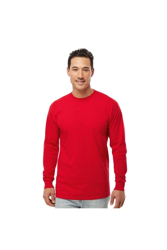Men’s Gold Soft Touch Long Sleeve T-Shirt 100% Preshrunk Cotton Standard Fit Casual Tee (Deep-Red, XL)