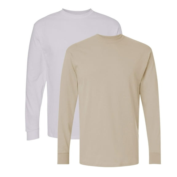 M&O Men’s Gold Soft Touch Long Sleeve T-Shirt 100% Preshrunk Cotton Standard Fit Casual Tee (Sand+Silver-2PCS, M)